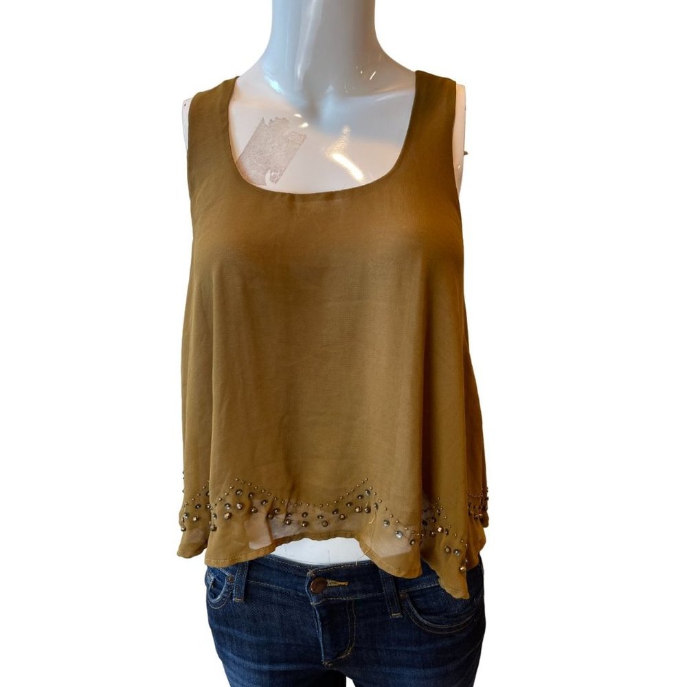 Lush Womens Cropped Tank Top LT10608-S01 Beaded Scoop Neck Mustard Size Small